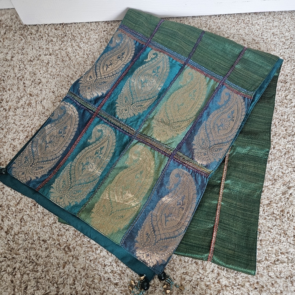 Pier 1 Imports Peacock Feather Blue Green Table Runner Embroidered 68" long